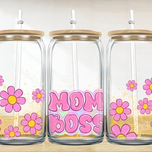 Mom boss daisies 16 oz libbey glass wrap png, libbey wrap png, libbey glass png, mom libbey cup sublimation png design downloads