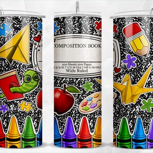 May include: A black and white composition book pattern with colorful school supplies, including crayons, a pencil, an apple, a book, a worm, a paper airplane, a flower, and an origami crane. The text on the book says "COMPOSITION BOOK 100 Sheets 200 Pages 13/4 in 7 1/2 in (24.7 cm x 19 cm) Wide Ruled".