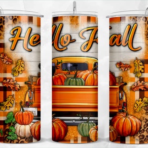 Hello fall truck 20oz skinny tumbler png sublimation design download, western tumbler png, fall pumpkin  png, Autumn png, sublimate download