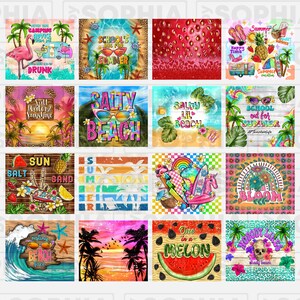 K&ouml;nnte beinhalten: Eine Collage aus 12 farbenfrohen digitalen Designs mit Sommermotiven. Die Designs beinhalten Bilder von Palmen, Wasser, Wassermelonen, Ananas, Flamingos und Surfbrettern. Der Text in den Bildern enth&auml;lt S&auml;tze wie "Salty Beach", "School's out for Summer" und "One in a Melon".