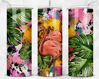 Flamingo with leopard 20oz skinny tumbler png, western tumbler png, hand drawn flamingo png,flamingo tumbler png, sublimate designs download