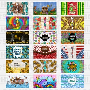 May include: A collection of 15 colorful designs for sublimation, featuring various themes like animals, monsters, and watermelon. Each design includes the word "Mini" in a different font and style.