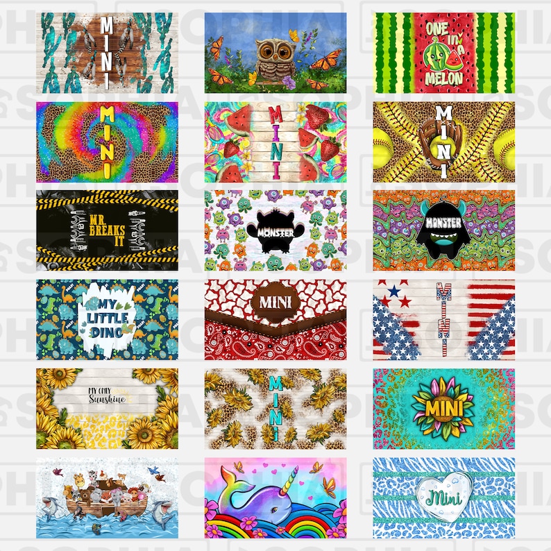May include: A collection of 15 colorful designs for sublimation, featuring various themes like animals, monsters, and watermelon. Each design includes the word "Mini" in a different font and style.