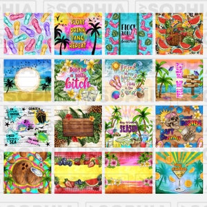 K&ouml;nnte beinhalten: Eine digitale Collage aus 16 bunten Quadraten mit sommerlichen Designs. Jedes Quadrat hat ein anderes Design, darunter Flip-Flops, Palmen, Cocktails und Strandszenen. Der Text "Float Drink Tan & Repeat", "Flock You Beaches", "Don't Be A Salty Bitch", "Drink In My Hand Toes In The Sand", "Feeling Beachy", "Day Drinking Season", "Dead Inside But Beachy" und "Day Drinking" ist in der Collage enthalten.
