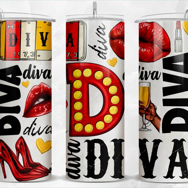 Diva 20 oz skinny tumbler png sublimation design download, tumbler wrap png, diva 20 oz tumbler designs, tumbler png download