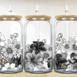 Zwart-witte bloemen 16 oz libbey glass wrap png, libbey wrap png, libbey glass png, libbey cup sublimatie png ontwerpdownloads