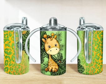Giraffe with green leopard 12 oz sippy cup png, sippy cup designs, sippy cup wrap png, animal sippy cup sublimation designs downloads