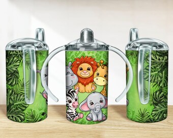 Safari animals with green leopard 12 oz sippy cup png, sippy cup designs, sippy cup wrap png, animal sippy cup sublimation designs downloads