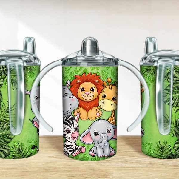 Safari animals with green leopard 12 oz sippy cup png, sippy cup designs, sippy cup wrap png, animal sippy cup sublimation designs downloads