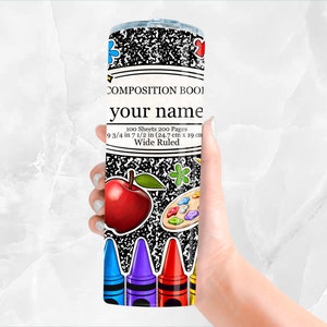 Personalized composition book 20oz skinny tumbler png,Teacher's Day png, custom name tumbler png, School tumbler png, sublimate download image 2