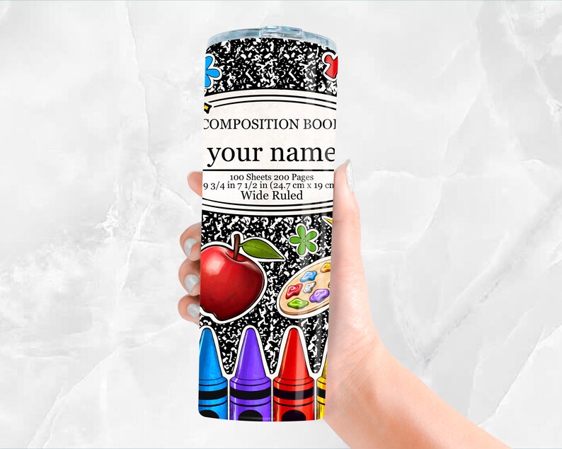 Personalized composition book 20oz skinny tumbler png,Teacher's Day png, custom name tumbler png, School tumbler png, sublimate download image 2
