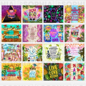 K&ouml;nnte beinhalten: Eine Collage aus 12 farbenfrohen digitalen Illustrationen mit sommerlichen Motiven. Die Designs beinhalten S&auml;tze wie "Mom Bod Summer", "Life is Better in Flip Flops" und "Live Love Aloha".