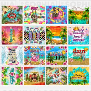 K&ouml;nnte beinhalten: Eine Collage aus 12 farbenfrohen digitalen Designs mit Strandmotiven und Text. Die Designs beinhalten S&auml;tze wie "Strandregeln", "Gute Vibes", "Sonnenaufgang Sonnenuntergang Wiederholen" und "Immer salzig".