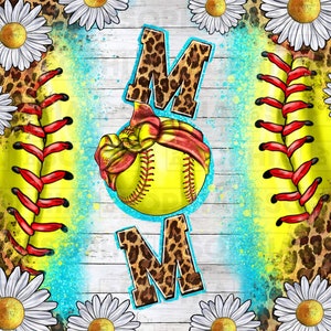 K&ouml;nnte beinhalten: Ein gelber Softball mit roten N&auml;hten und einem roten und wei&szlig;en Band, das darum gebunden ist. Der Softball ist von einem blauen und wei&szlig;en Spritzmuster umgeben. Das Wort "MOM" ist in schwarzen und braunen Leopardenmusterbuchstaben geschrieben. Der Hintergrund ist ein wei&szlig;es Holzmaserungsmuster mit wei&szlig;en G&auml;nsebl&uuml;mchen.