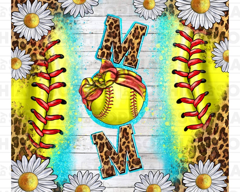 K&ouml;nnte beinhalten: Ein gelber Softball mit roten N&auml;hten und einem roten und wei&szlig;en Band, das darum gebunden ist. Der Softball ist von einem blauen und wei&szlig;en Spritzmuster umgeben. Das Wort "MOM" ist in schwarzen und braunen Leopardenmusterbuchstaben geschrieben. Der Hintergrund ist ein wei&szlig;es Holzmaserungsmuster mit wei&szlig;en G&auml;nsebl&uuml;mchen.