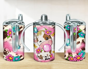 Cow and pink glitter 12 oz sippy cup png, sippy cup designs, sippy cup wrap png, glitter sippy cup sublimation designs downloads