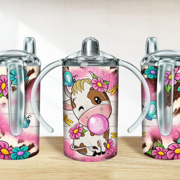Cow and pink glitter 12 oz sippy cup png, sippy cup designs, sippy cup wrap png, glitter sippy cup sublimation designs downloads