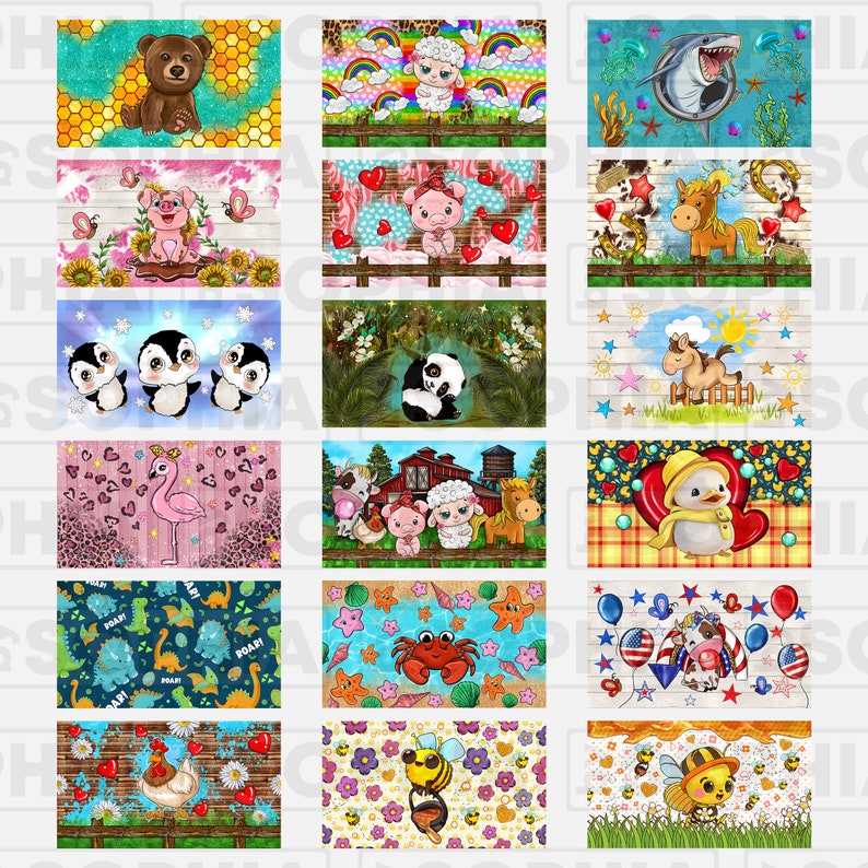 May include: A set of 12 digital designs featuring various cute animals, including a bear, pig, penguin, flamingo, dinosaur, crab, chicken, bee, and more. Each design is set against a colorful background with various patterns and textures.