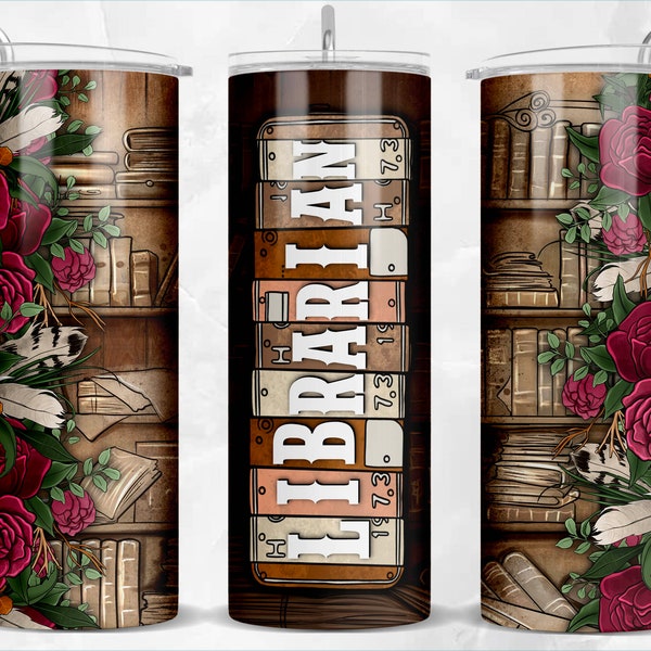 Librarian 20 oz skinny tumbler png sublimation design download, tumbler wrap png, Librarian 20 oz tumbler designs, tumbler png download