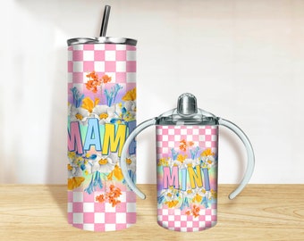 Mama and Mini flower Tumbler PNG, 20oz Skinny Tumbler and 12oz Sippy Cup Wrap Png, Mama Mini tumbler set png sublimation design download