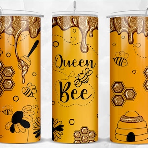 May include: A yellow tumbler with a gold glitter design and a bee theme. The tumbler has a black outline and the text "Queen Bee" on the front.