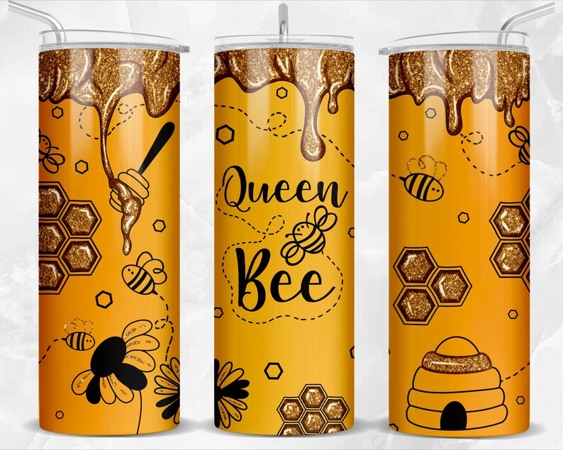 May include: A yellow tumbler with a gold glitter design and a bee theme. The tumbler has a black outline and the text "Queen Bee" on the front.