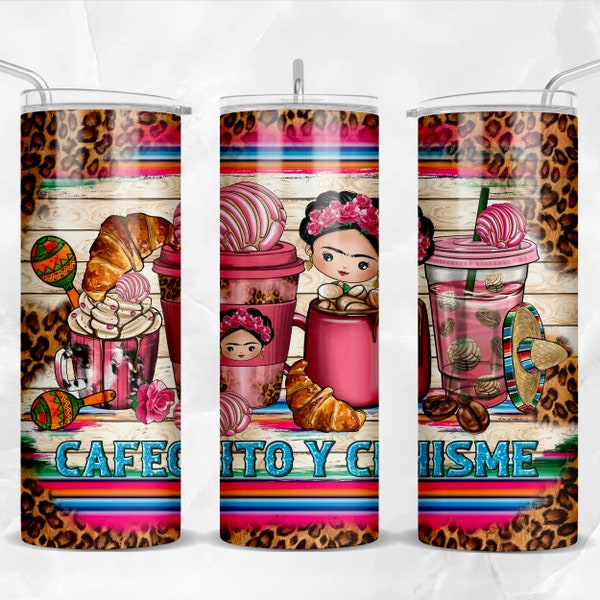 Cafecito y chisme with leopard 20oz skinny tumbler png, western tumbler png, coffee cups tumbler png, sublimate designs download