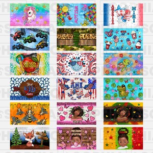 May include: A set of 12 colorful digital designs featuring various themes, including a unicorn, monster trucks, a school scene, a frog, a turtle, bees, a fox, a girl with a crown, a girl with a bubble, and a baby with a green shirt. The designs are perfect for creating custom items like t-shirts, mugs, phone cases, and more.