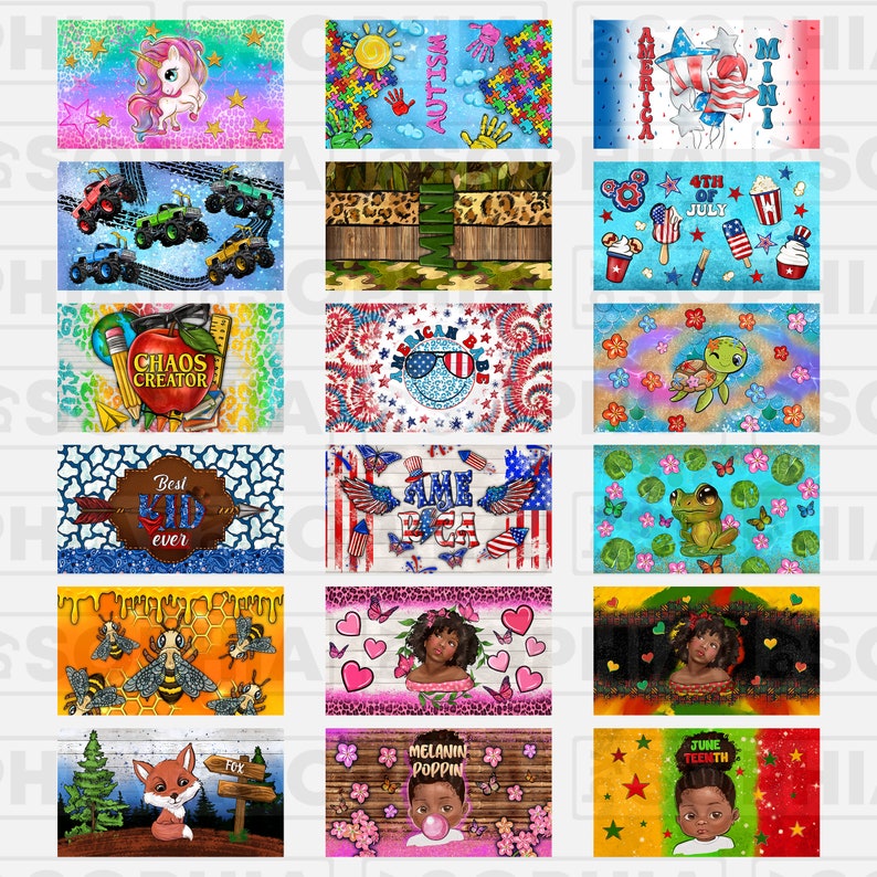 May include: A set of 12 colorful digital designs featuring various themes, including a unicorn, monster trucks, a school scene, a frog, a turtle, bees, a fox, a girl with a crown, a girl with a bubble, and a baby with a green shirt. The designs are perfect for creating custom items like t-shirts, mugs, phone cases, and more.