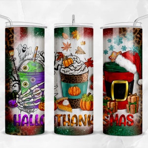 Hallothanksmas coffee cups 20 oz skinny tumbler png, Christmas tumbler wrap png, 20 oz tumbler designs, Fall png, Halloween png, download