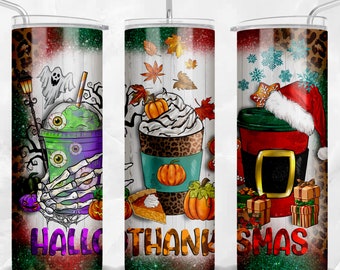May include: Three 20oz stainless steel tumblers with different holiday designs. The first tumbler features a green and purple monster with a skeleton hand and the text "Hallo". The second tumbler features a pumpkin spice latte with a pumpkin pie and the text "Thank". The third tumbler features a red and green Santa hat with a cup of coffee and the text "Smas".
