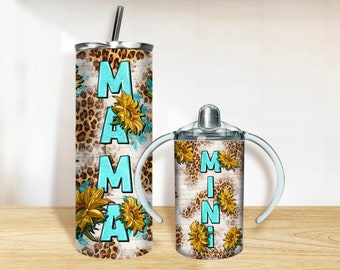 Sunflowers Mama and Mini Tumbler PNG, 20oz Skinny Tumbler and 12oz Sippy Cup Wrap Png,Mama Mini tumbler set png sublimation design download