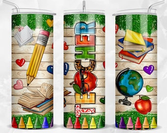 May include: A set of three 20 oz. stainless steel tumblers with a teacher theme. The tumblers feature a woodgrain background with colorful school-themed graphics, including books, pencils, apples, a globe, and the word "Teacher". The tumblers also have a green glitter band and a row of colorful crayons at the bottom.