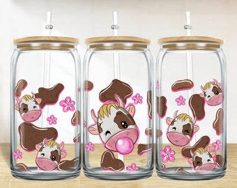 Cute cow and flowers 16 oz libbey glass wrap png, libbey wrap png, libbey glass png, cow libbey cup sublimation png design downloads