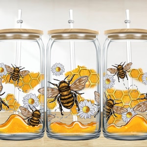 Bee with daisy and honey 16 oz libbey glass wrap png, libbey wrap png, libbey glass png, libbey cup sublimation png design downloads