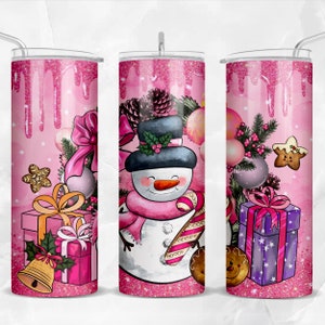 Pink snowman Christmas 20 oz skinny tumbler png, winter tumbler wrap png, snowman 20 oz tumbler designs, tumbler png download