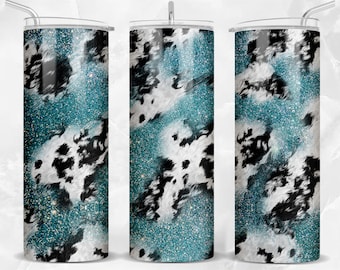 Teal glitter and cowhide 20oz skinny tumbler png sublimation design download, western tumbler png, cowhide tumbler png, sublimate download