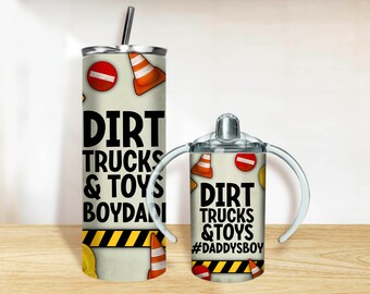Dirt trucks and toys tumbler PNG, 20oz Skinny Tumbler and 12oz Sippy Cup Wrap Png, Dirt trucks tumbler set png design download