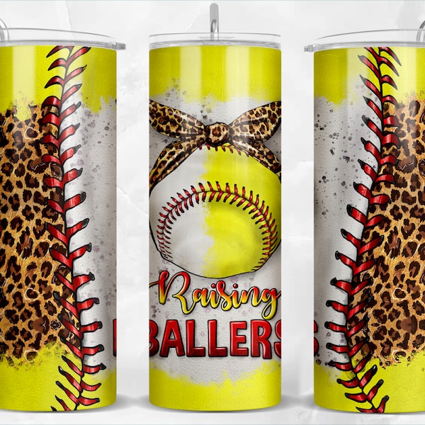 Raising ballers with Baseball and Softball leopard 20oz skinny tumbler png, sport png, Baseball png, Softball png,sublimate designs download