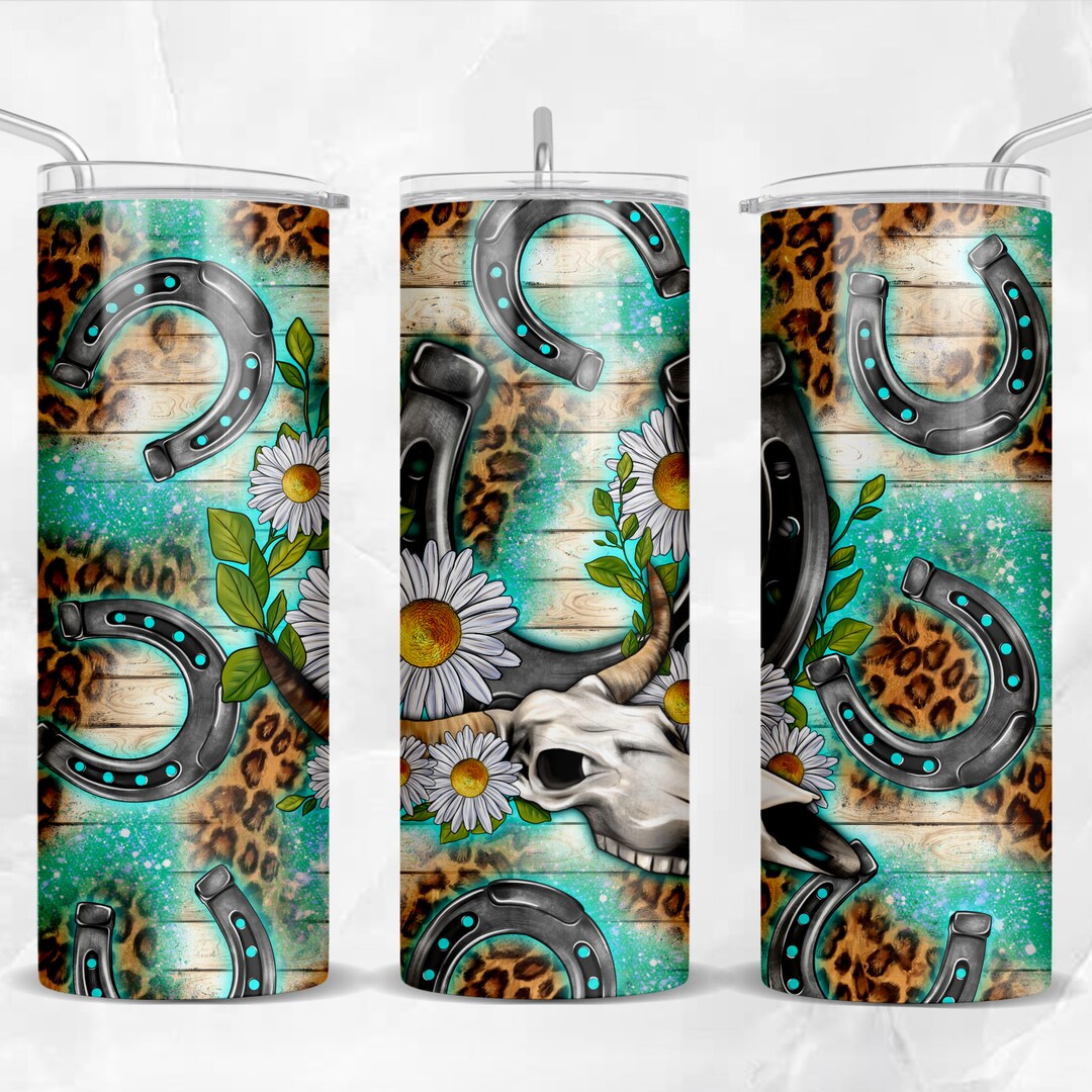 Horseshoes Bullskull With Leopard 20 Oz Skinny Tumbler Png, Horseshoe