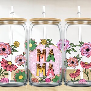 Retro floral mama and glitter 16 oz libbey glass wrap png, libbey wrap png, mama libbey glass png, sublimation png design downloads