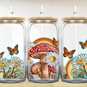 Boho retro met bloemen en luipaard 16 oz libbey glass wrap png, libbey wrap png,libbey glass png,libbey cup sublimatie png ontwerpdownloads