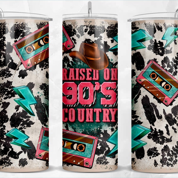 Raised 90's country 20 oz skinny tumbler png, cassettes tumbler wrap png, western 20 oz tumbler designs, tumbler png download