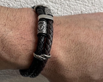 Valknut Norse Leather Bracelet – Viking Knotwork Stainless Steel Amulet Wristband