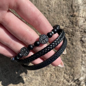 Viking Bracelet with Tree of Life – Black Leather & Bead Nordic Jewelry, Pagan Symbol Wristband