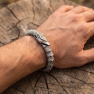 May include: A silver-toned metal bracelet shaped like a coiled snake with detailed scales covering the entire band. The head of the snake features a textured pattern and a visible eye, with the body wrapping around the wrist in a continuous design.