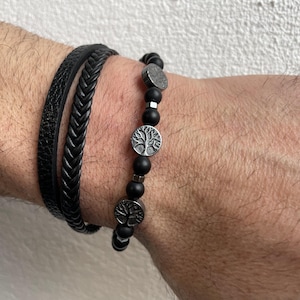 Viking Tree of Life Bracelet for Men – Black Leather & Bead, Norse Mythology Jewelry Viking Bracelet, Nordic Pagan Gift for Him