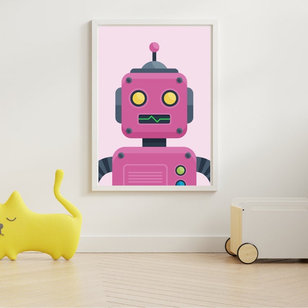 Affiche de robot rose pour enfants / Dessin animé de robot / Pour salles de jeux, chambres, décoration intérieure / Facile à télécharger