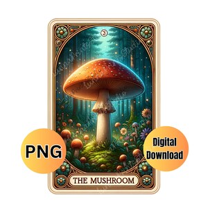 Carte de tarot en sublimation à téléchargement PNG, clipart de noyau de chalet de forêt lunatique - conception de tasse de champignon, clipart de t-shirt de champignon de champignon vénéneux.