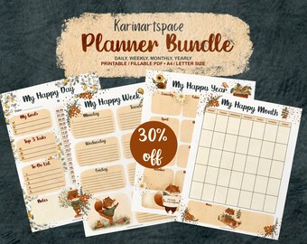 May include: A set of four printable planners with a fall theme. The planners are titled "My Happy Day", "My Happy Week", "My Happy Month", and "My Happy Year". Each planner features a cute squirrel illustration and a 30% off discount.